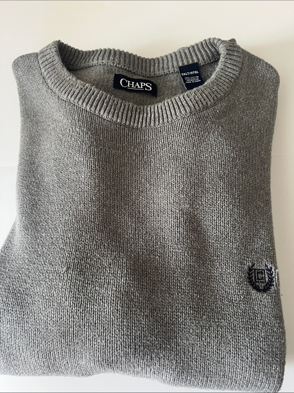 Chaps Men's Crewneck Sweater in Gray with Navy Crest